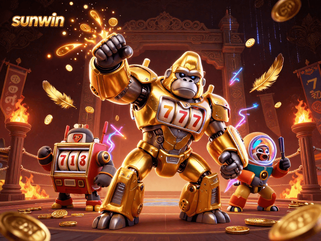 Experience the thrilling adventure of sunwin with a golden gorilla mech and vibrant casino elements.