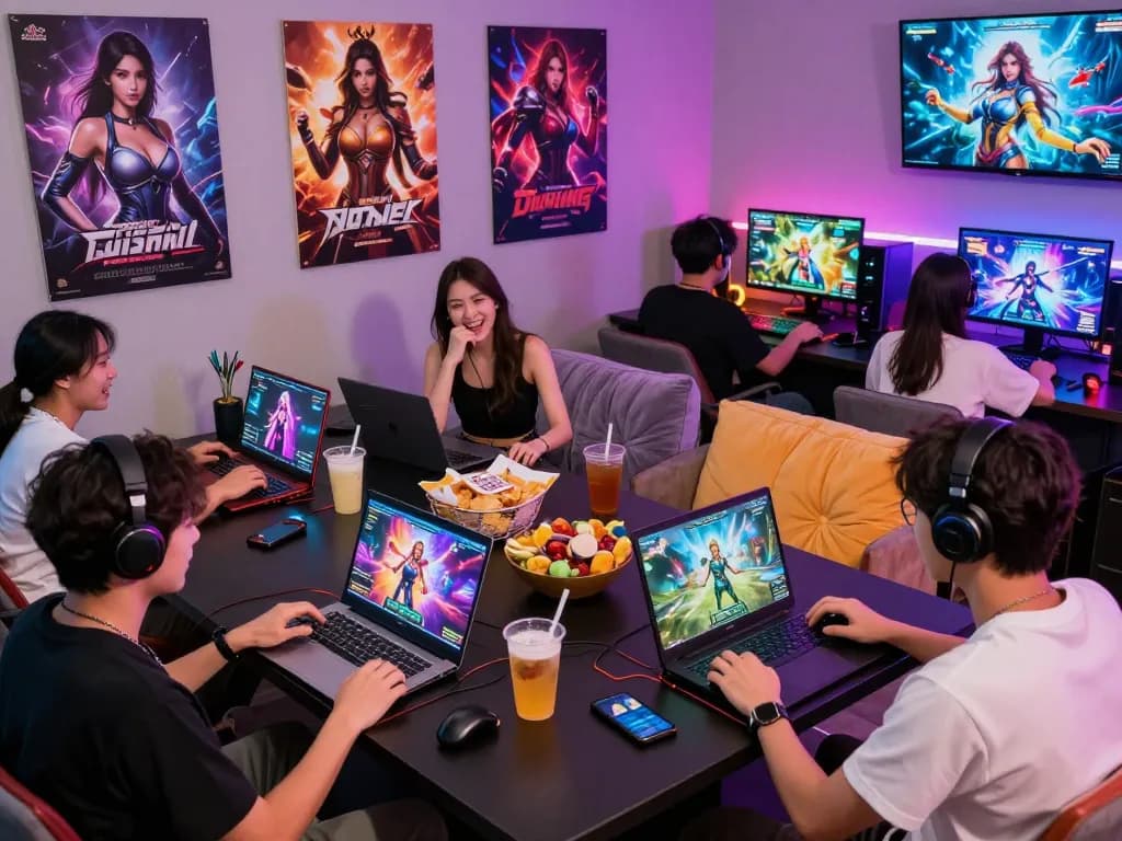 Engaged players enjoying female protagonist porn games in a lively gaming lounge.