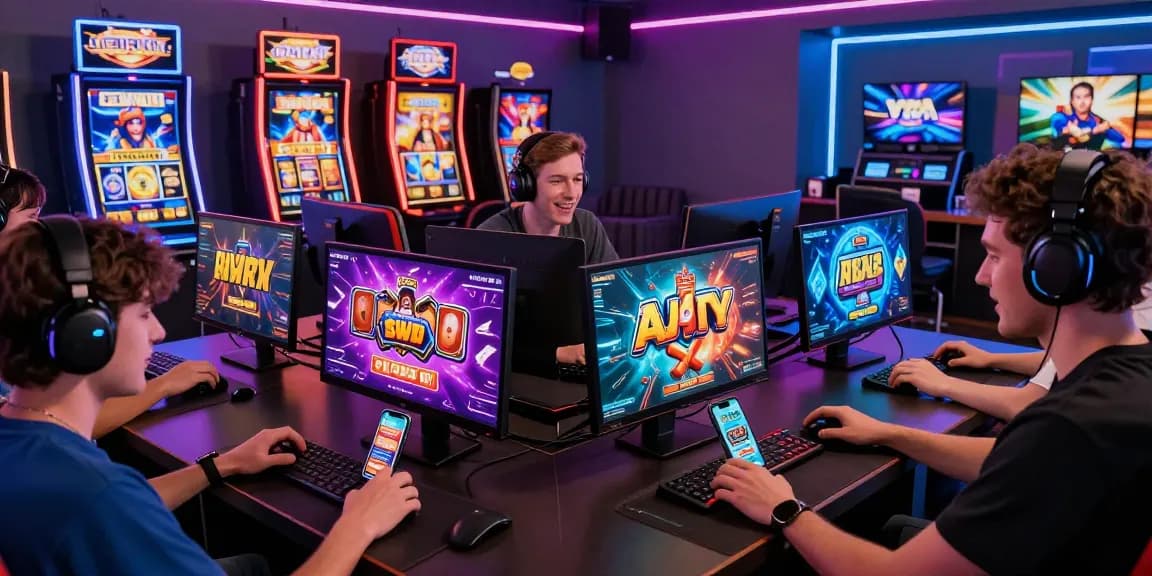 Players engaging with games at https://gemwin.pics/ in a vibrant gaming lounge with colorful graphics and devices.