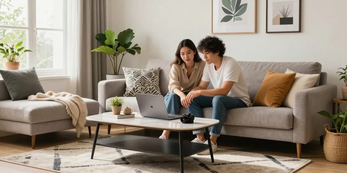Paar erkundet stilvolle Möbeloptionen beim möbel online kaufen in einem gemütlichen Wohnzimmer.