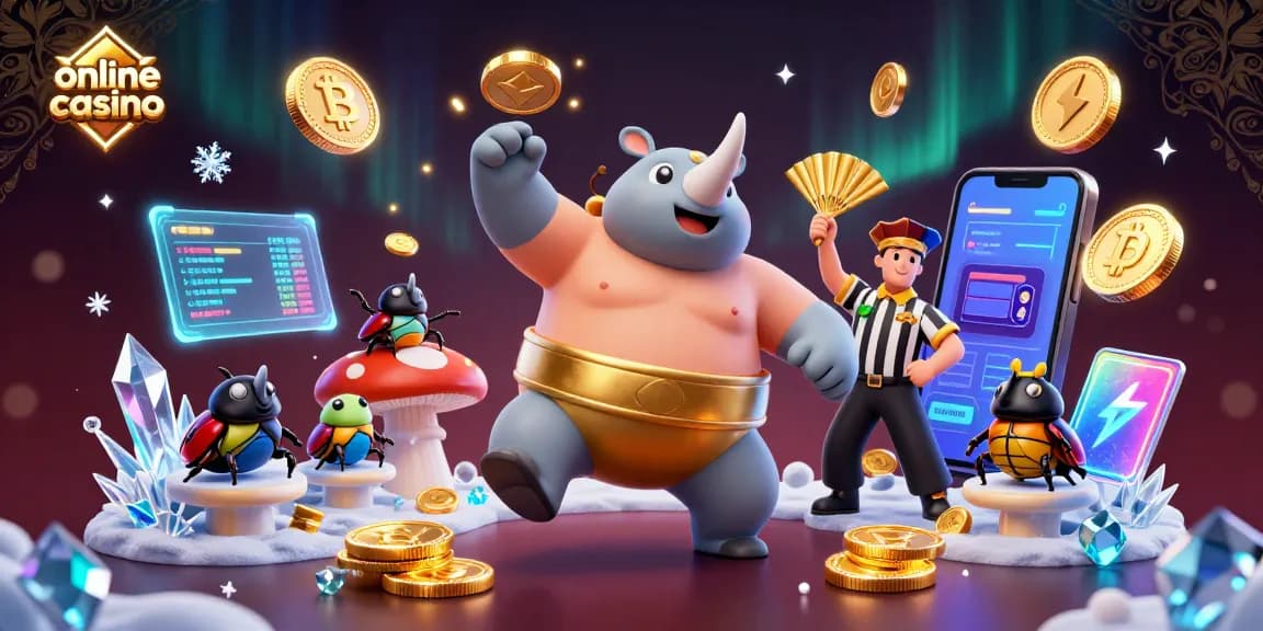 Experience the thrilling action of an online casino with a sumo beetle champion amidst flying coins and crypto elements.