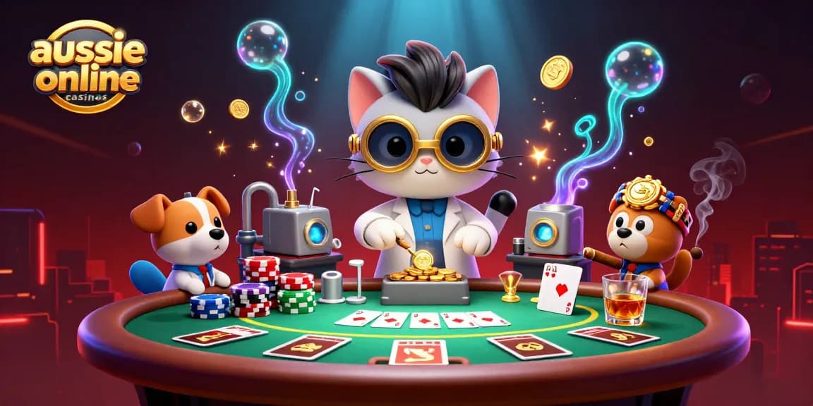 Aussie online casinos vibrant scene showcasing fun poker dynamics with a mad scientist cat and lab assistant