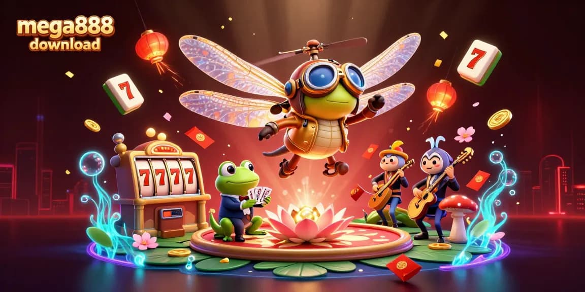Experience mega888 download with a vibrant 3D casino scene featuring a dragonfly pilot and a frog croupier.