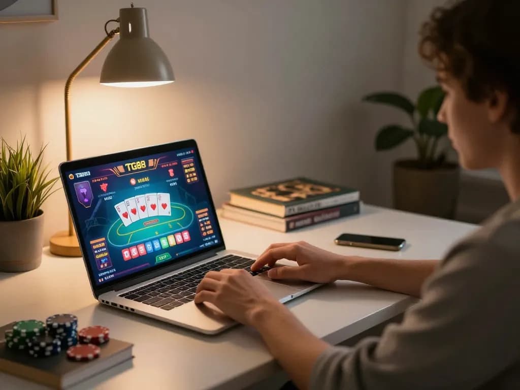 Person engaging in TG88 online poker, showcasing strategic gameplay with modern gaming setup