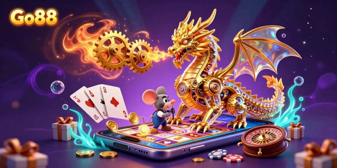 Engage in online gaming fun at Go88 with a vibrant 3D illustration showcasing a golden dragon surrounded by dynamic casino elements.