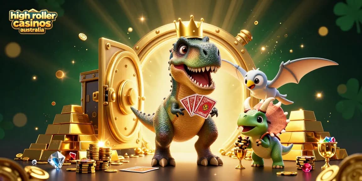 Engage with high roller casinos australia featuring T-Rex, pterodactyl, and triceratops in a vibrant casino scene