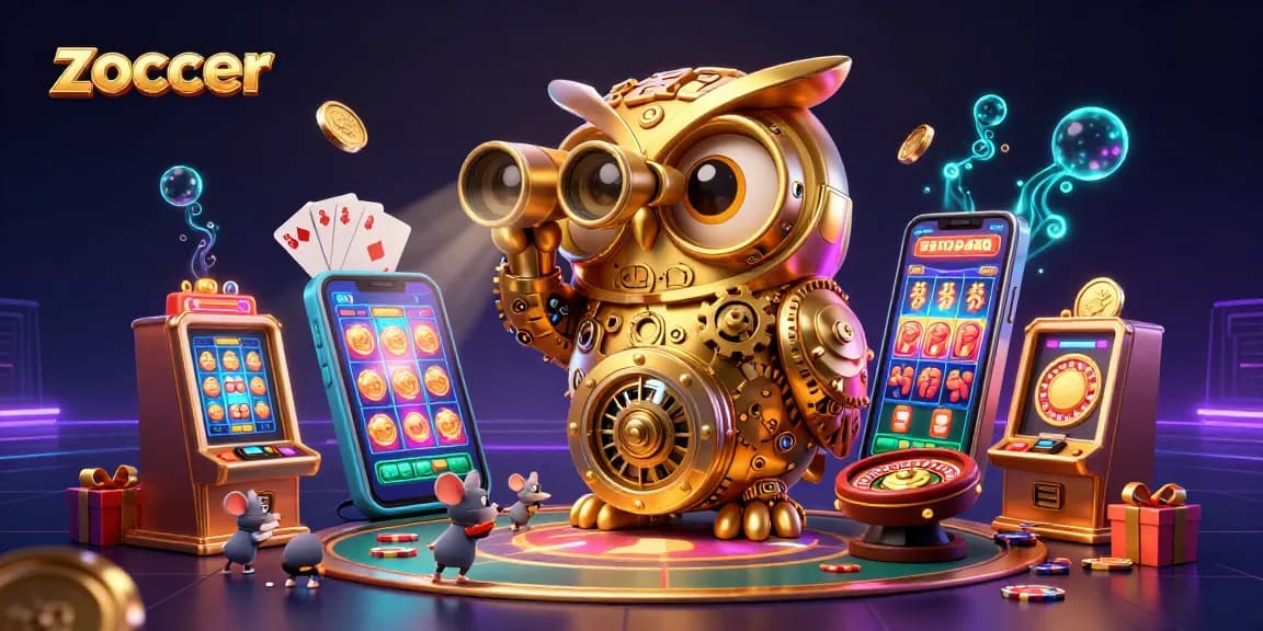 Zoccer showcases a vibrant online casino scene with a golden owl, wind-up mice, and exciting game elements.