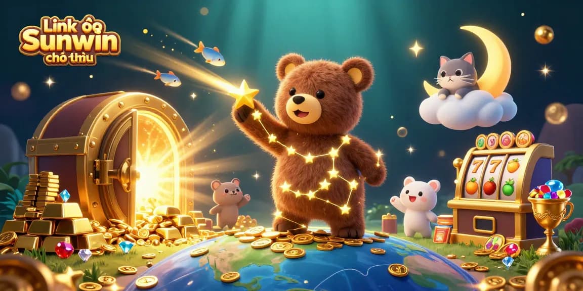 Win big with Link vào Sunwin chính thức showcasing a dazzling 3D casino scene filled with treasure.