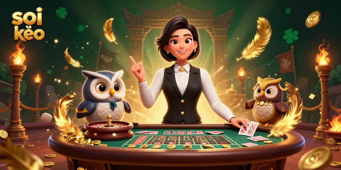 Soi kèo betting strategies illustrated by a dealer duo at a casino table, showcasing dynamic gaming elements.