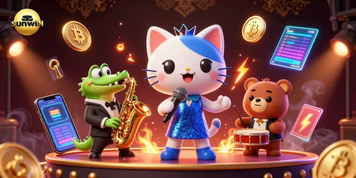 Win big at sunwin with vibrant casino scene featuring unique characters and crypto elements
