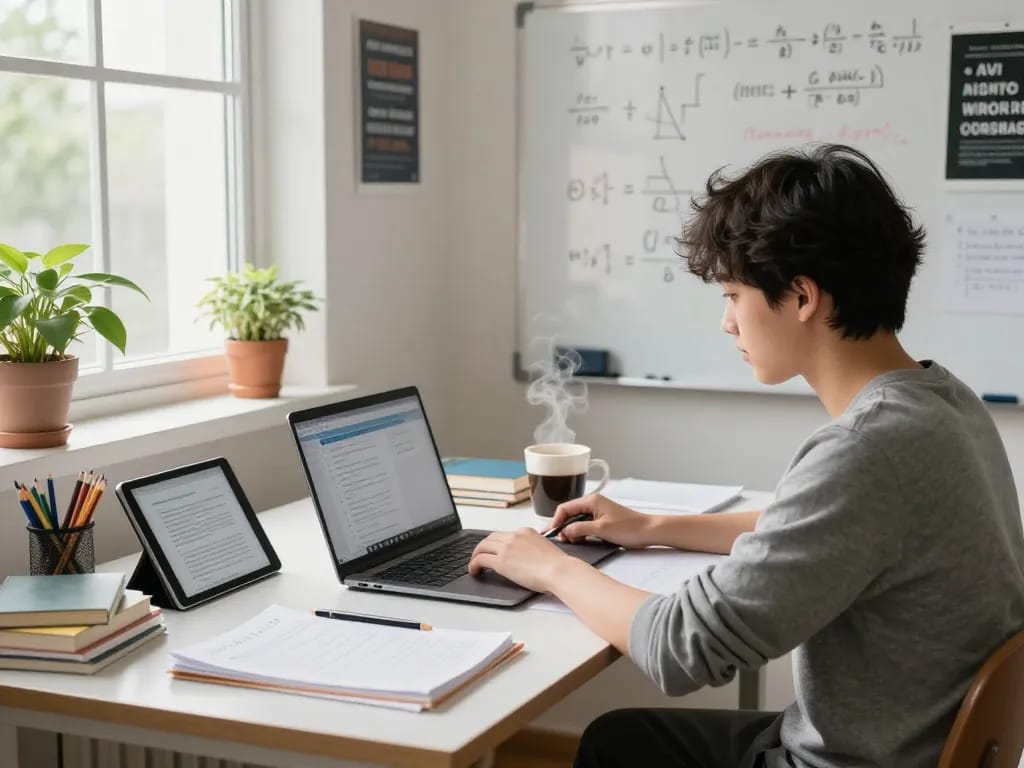 Schüler nutzt Hausaufgaben Löser für Hausaufgaben in einem hellen Arbeitszimmer.