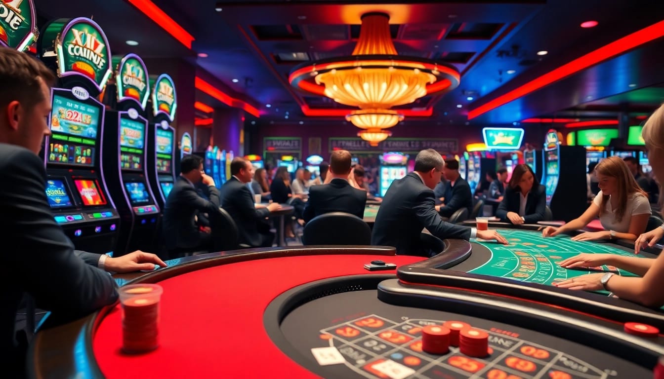 Erleben Sie spannende casinospiele mit Spielern und bunten Casino-Elementen im Hintergrund.
