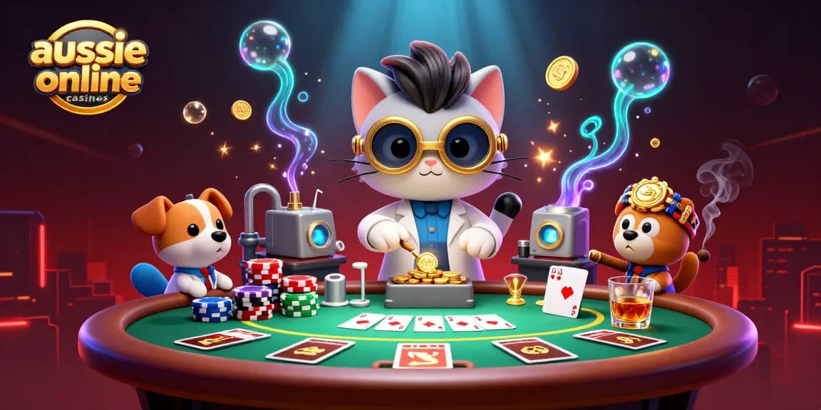 Aussie online casinos vibrant scene showcasing fun poker dynamics with a mad scientist cat and lab assistant