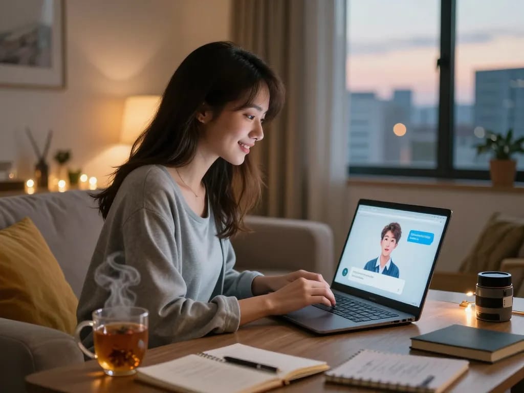Engaging scene of a woman interacting with her girlfriend AI on a laptop in a cozy home, showcasing modern companionship.