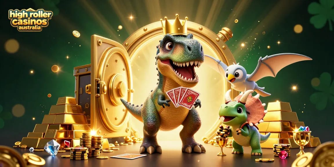 Engage with high roller casinos australia featuring T-Rex, pterodactyl, and triceratops in a vibrant casino scene