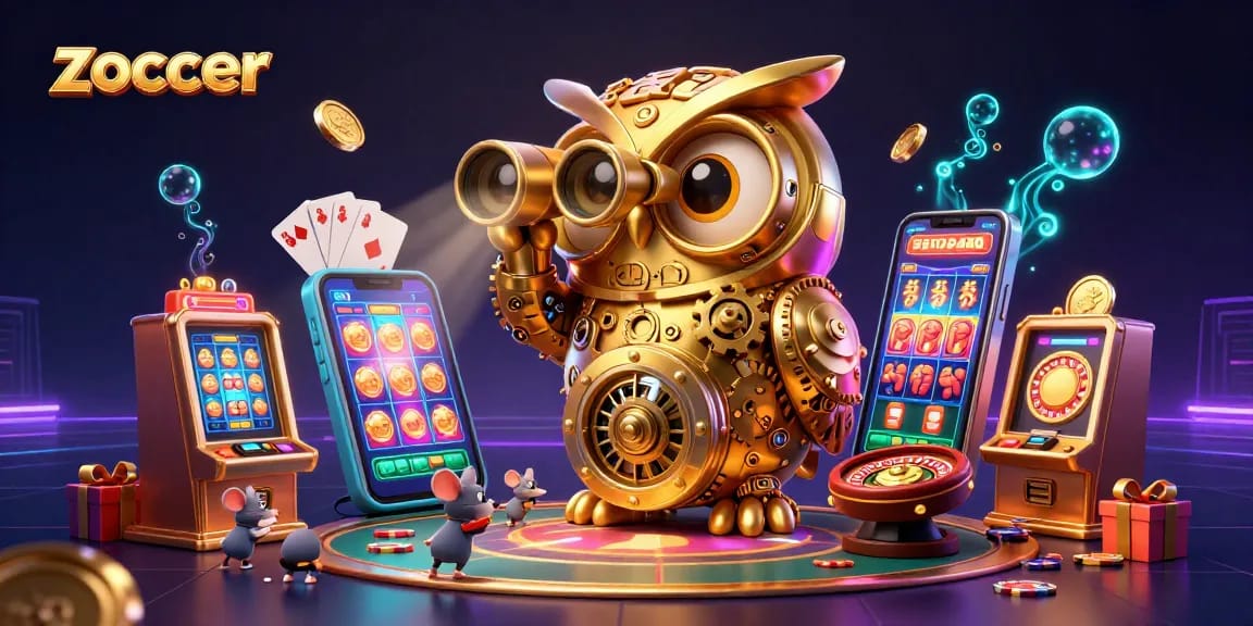 Zoccer showcases a vibrant online casino scene with a golden owl, wind-up mice, and exciting game elements.