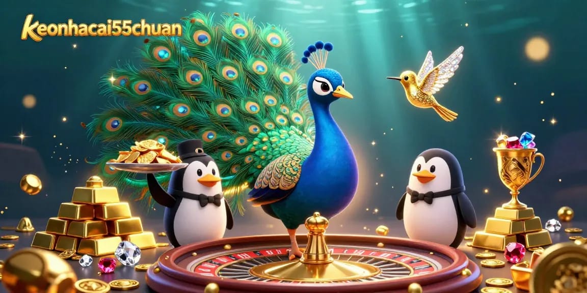 Engage with thrilling bets at keonhacai55chuan, featuring an aristocratic peacock and butler penguin in a casino scene.