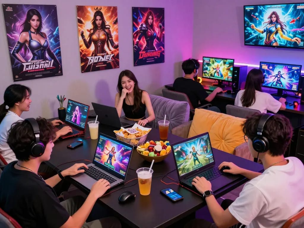 Engaged players enjoying female protagonist porn games in a lively gaming lounge.