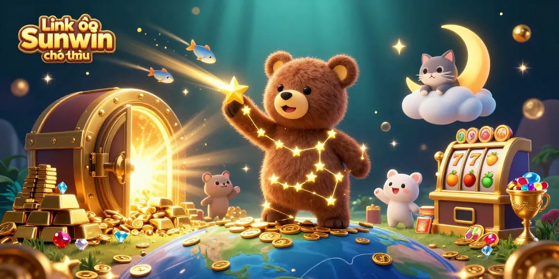 Win big with Link vào Sunwin chính thức showcasing a dazzling 3D casino scene filled with treasure.