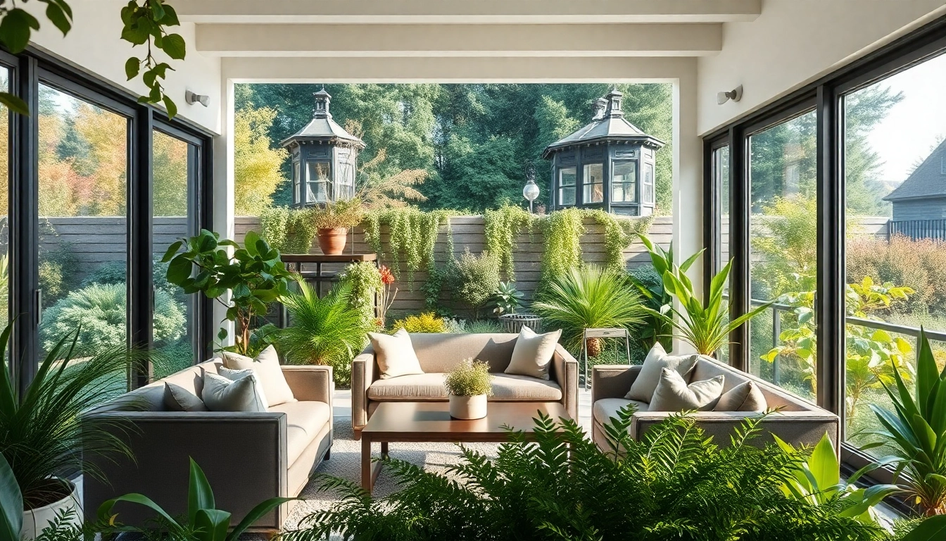 Wintergarten mit eleganten Moebeln und grossflaechigen Glasfenstern, die harmonische Natur integrieren.
