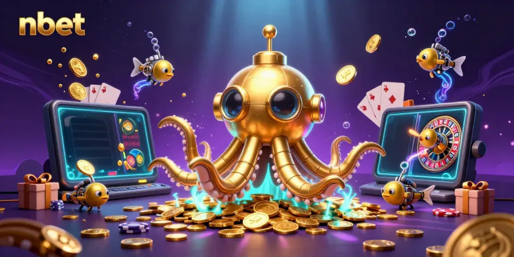 Experience the excitement of nbet's underwater casino adventure with a golden kraken submarine and mechanical fish.