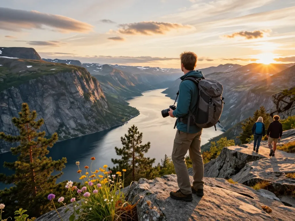 Reisetipps Skandinavien: Reisender an einem malerischen Fjord in Norwegen, der atemberaubende Ausblicke während des Sonnenuntergangs festhält.