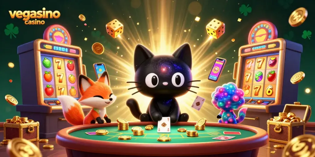 Experience the excitement of vegasino casino with a cosmic cat and fox pulling in golden chips.