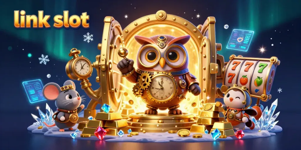 Engage with the vibrant world of link slot as a steampunk owl showcases treasures of golden jackpots and brilliant gems.
