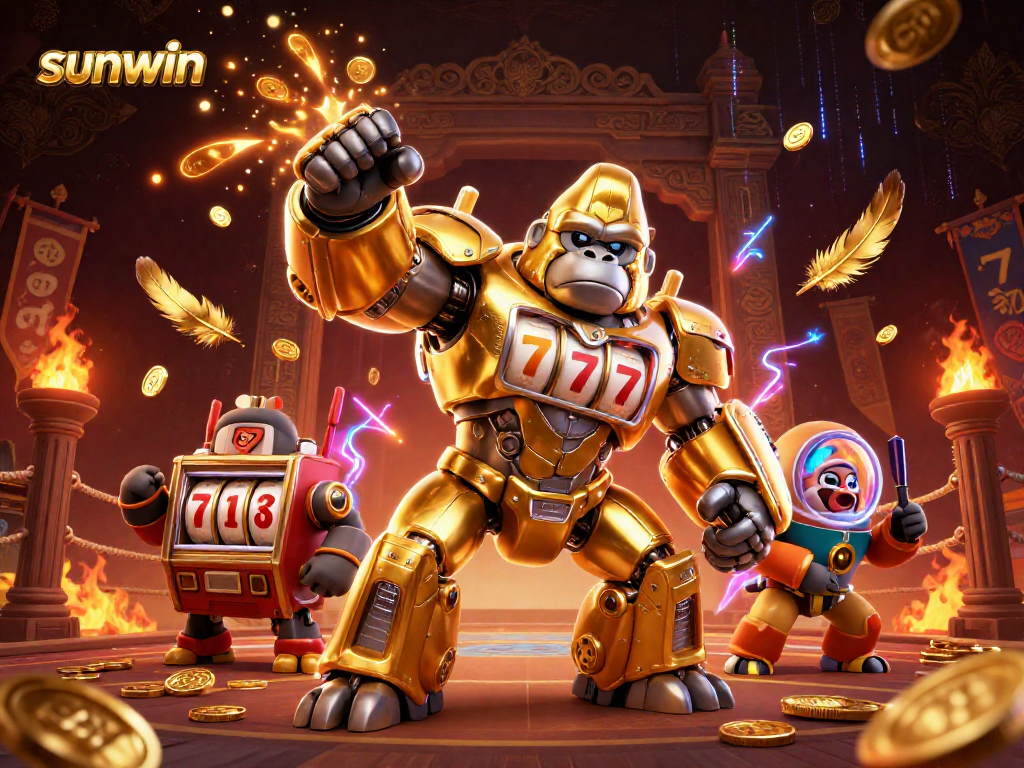 Experience the thrilling adventure of sunwin with a golden gorilla mech and vibrant casino elements.