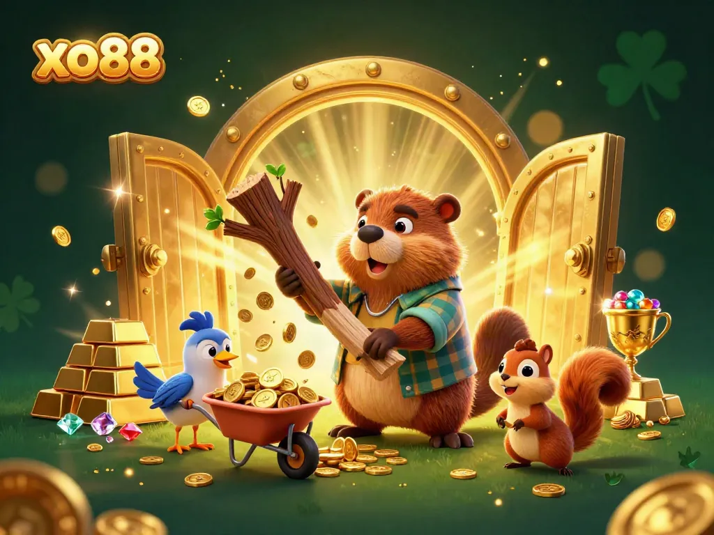 Experience the excitement of xo88 with a vibrant scene of a cartoon beaver, bird, and squirrel collecting golden coins.