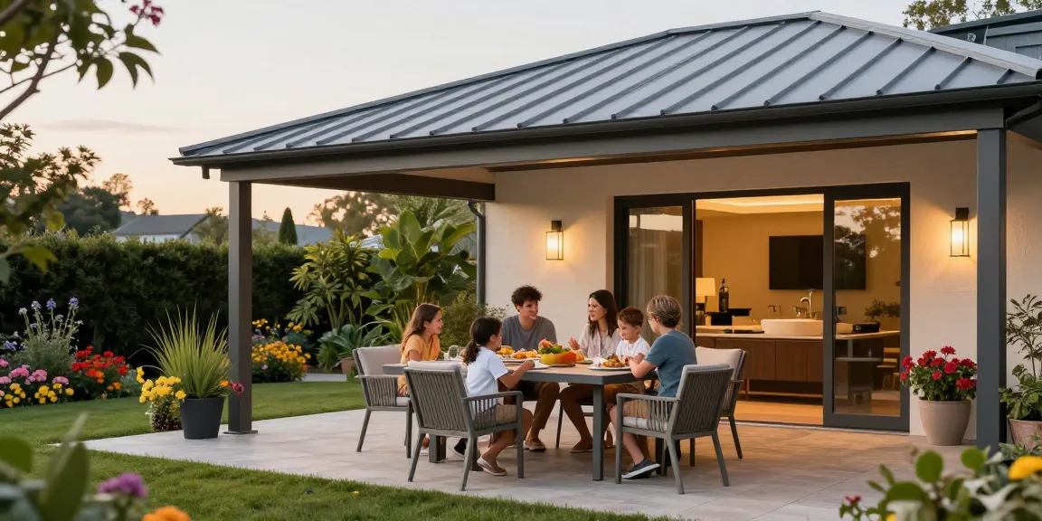 Terrassenüberdachung aus Aluminium mit Familie beim Essen im Garten.
