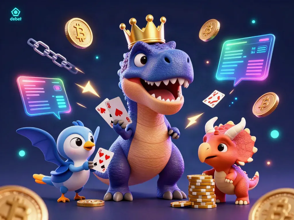 Experience debet's vibrant casino world with a friendly T-Rex shuffling cards alongside colorful cryptocurrencies and energy effects.