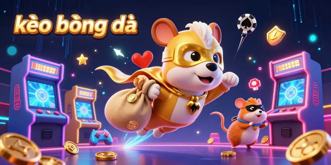 Engage with kèo bóng đá through a dynamic superhero scene with a dog and hamster amidst vibrant sports betting elements.