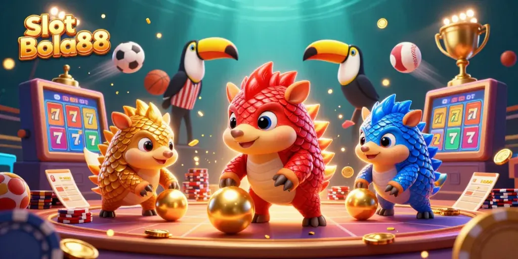 Experience the excitement of Slot Bola88 with rival pangolins, slot reels, and vibrant casino action.