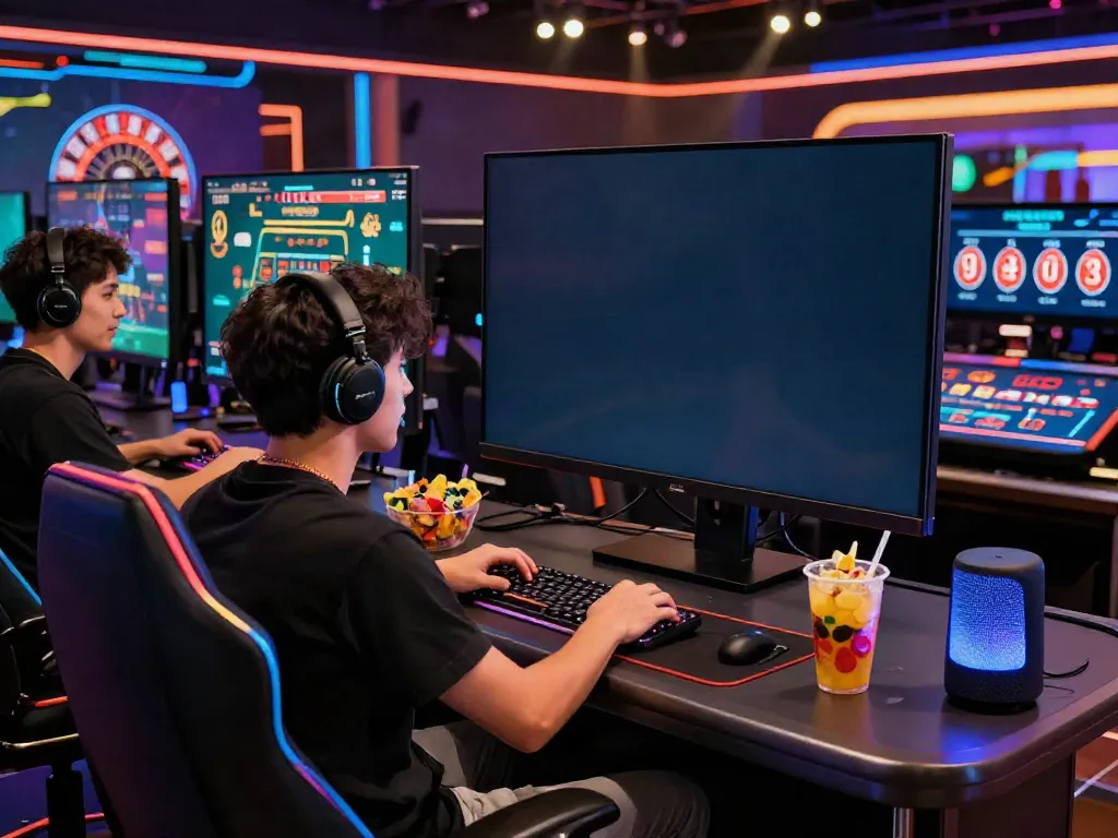 Engaged gamer enjoying an exciting iwin live casino session with vibrant graphics and snacks.