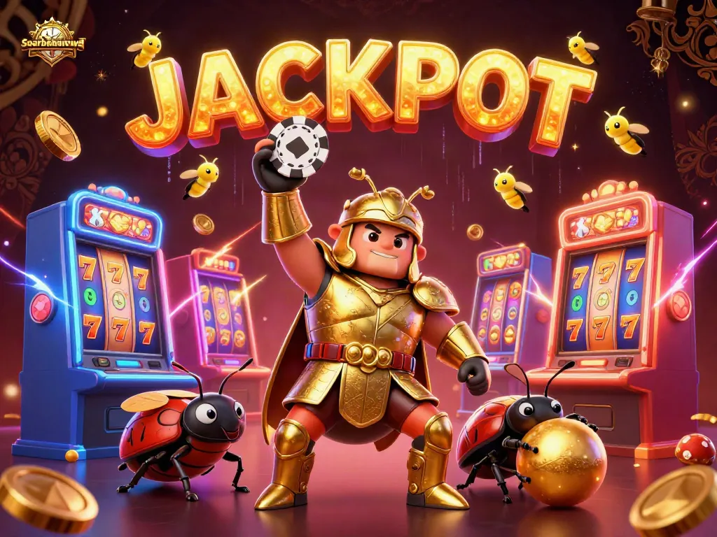Experience the vibrant joy of gambling at soarbehaviorwa, featuring a triumphant beetle with poker chips amidst dynamic casino elements.