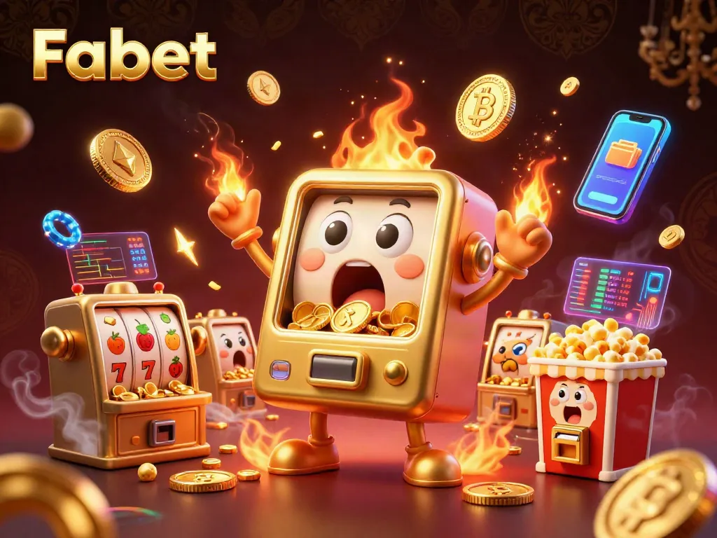 Experience thrilling jackpots at Fabet with a joyful scene of a golden slot machine and cheering companions.