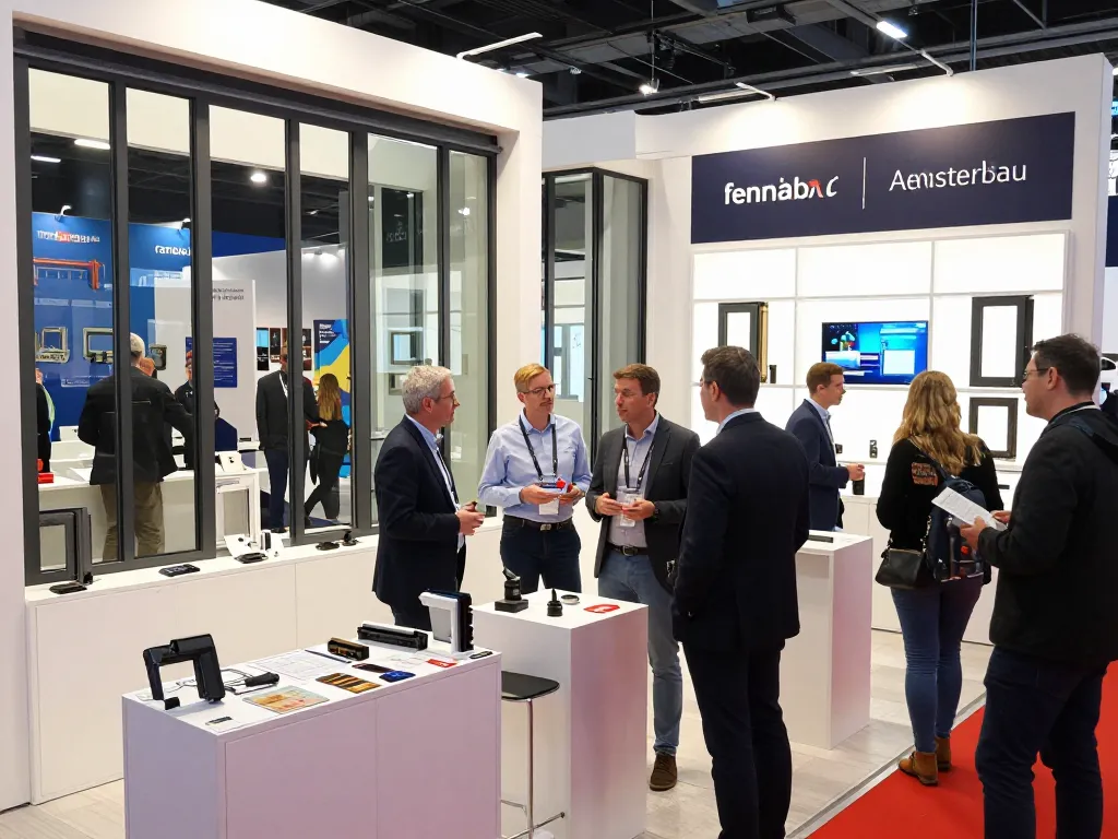 Engagierte Fachleute diskutieren innovative Fensterbau-Designs auf einer lebhaften Messe.
