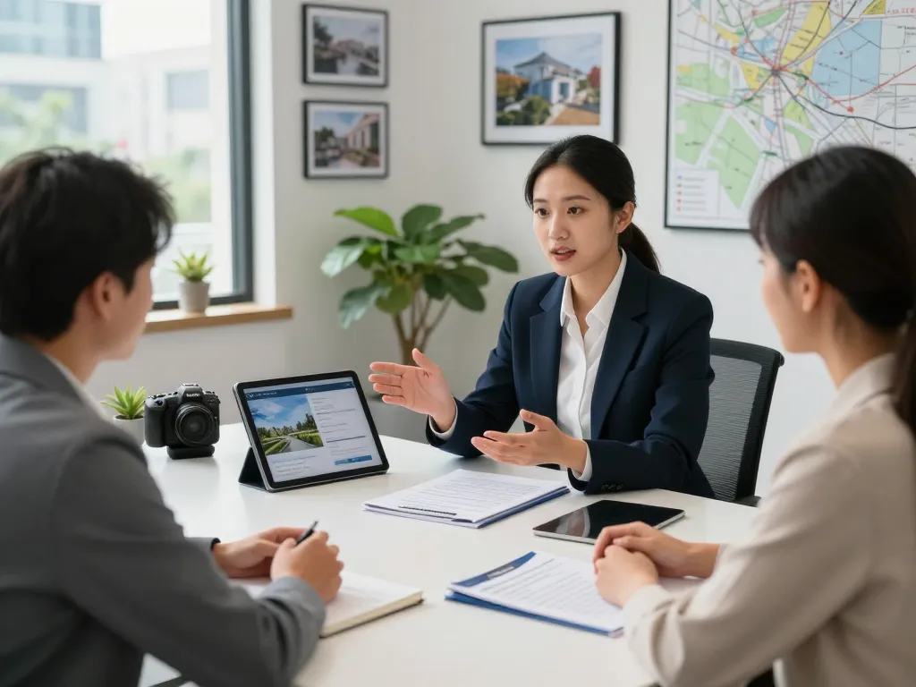Erfahrener Immobilienmakler Frankfurt Ginnheim diskutiert den Verkauf von Immobilien mit Kunden in einem modernen Büro.
