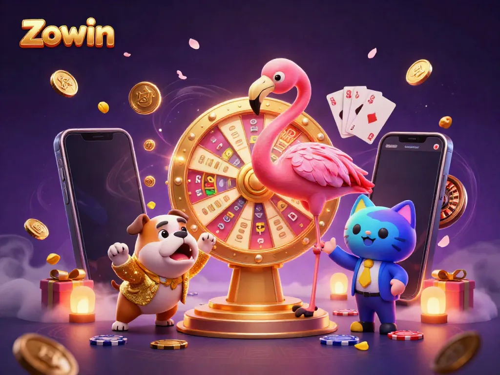 Experience exciting gameplay at Zowin with vibrant casino-themed characters and festive elements.