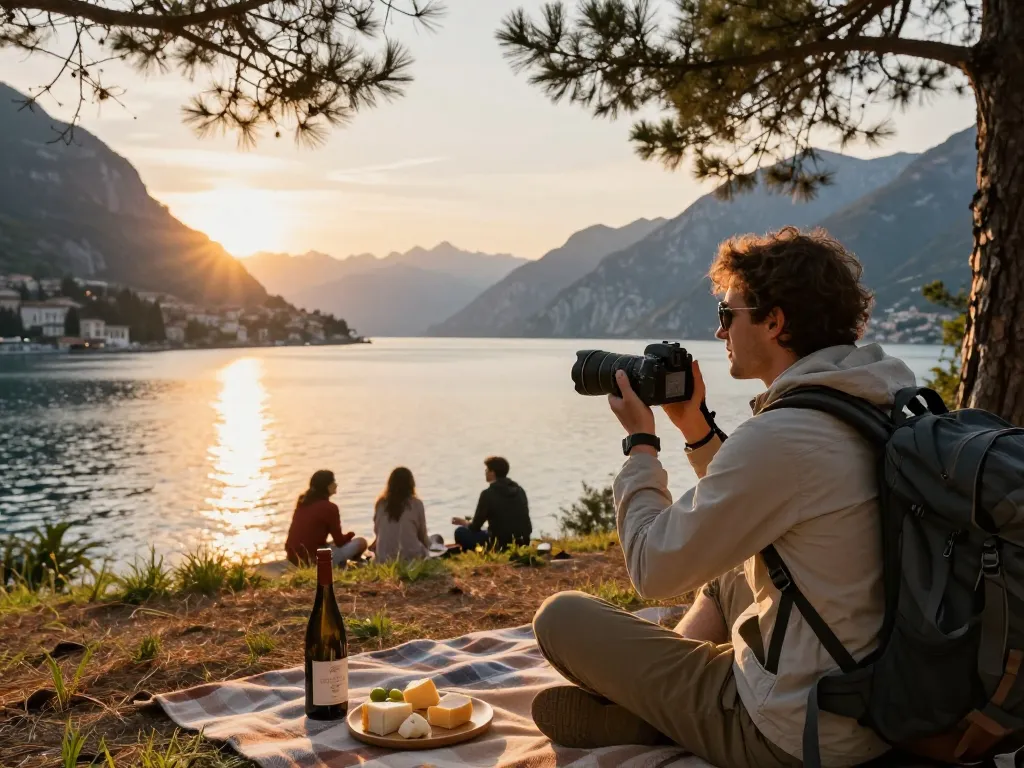 Gardasee Reisetipps: Malerische Sonnenuntergangsansicht am Gardasee mit einem Reisenden, der die Schönheit der Natur festhält.