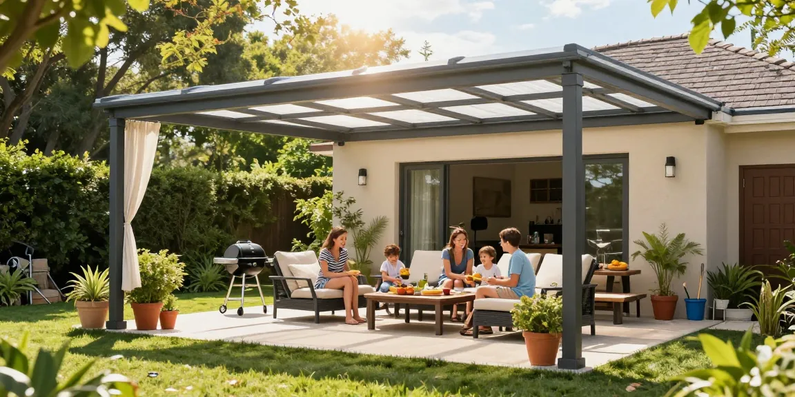 Moderne freistehende Terrassenüberdachung mit Familie im Garten, ideal für entspannte Nachmittage.