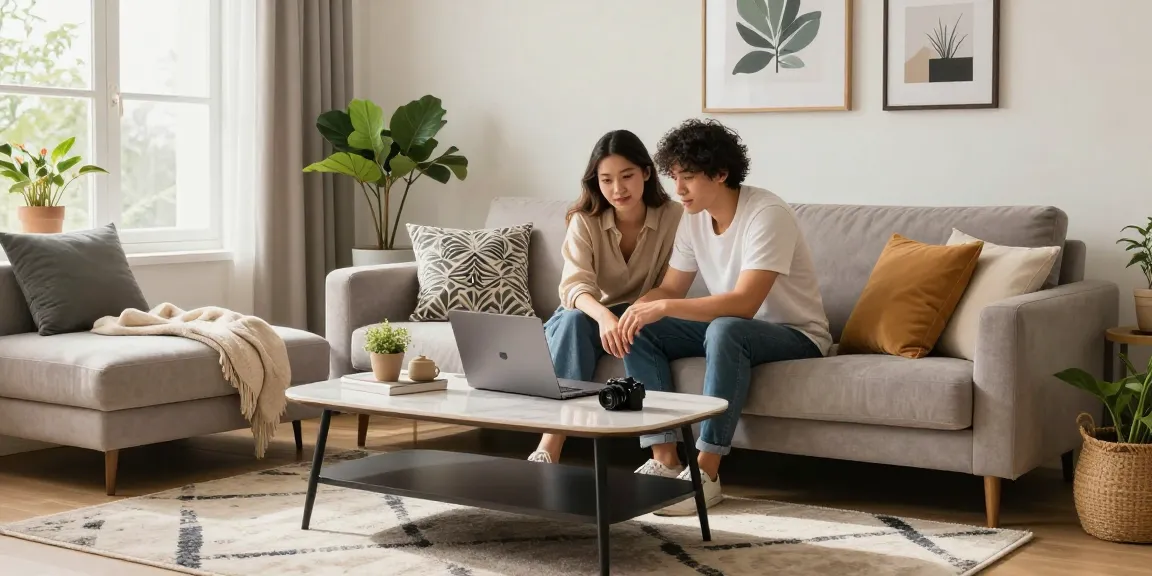Paar erkundet stilvolle Möbeloptionen beim möbel online kaufen in einem gemütlichen Wohnzimmer.