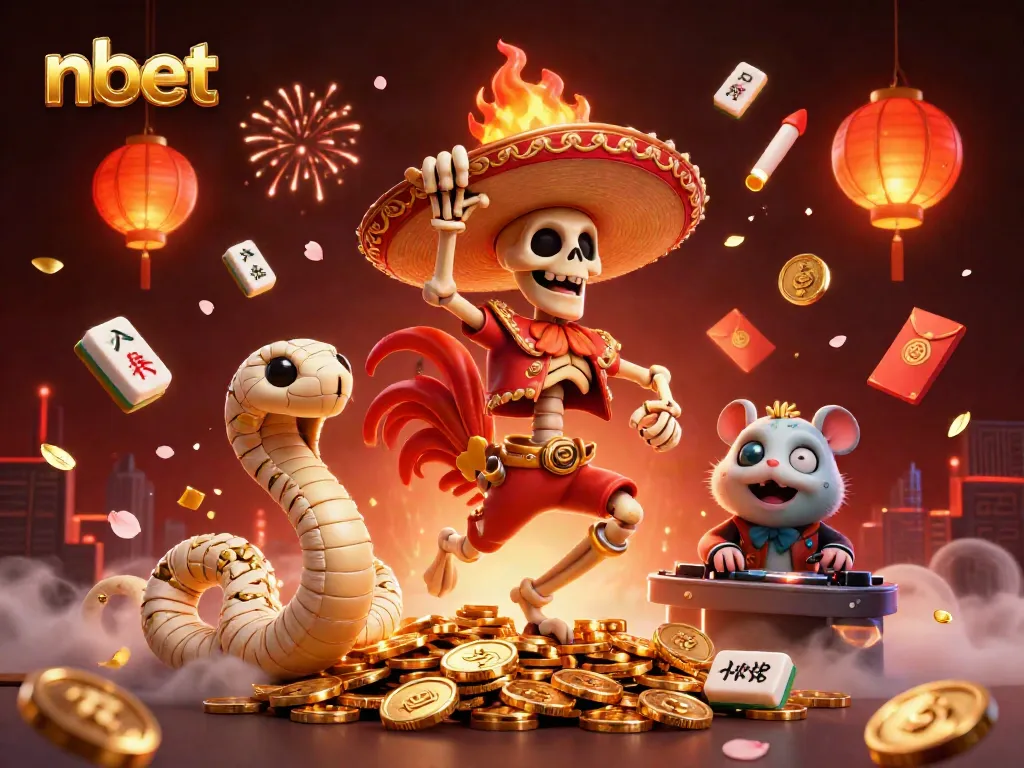 Win big with nbet as a skeleton mariachi rooster celebrates amidst a vibrant casino scene.