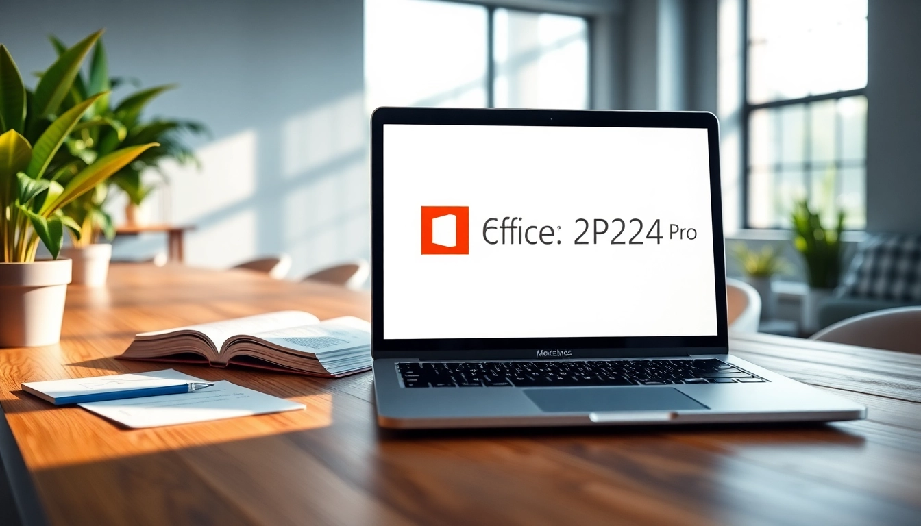 Office 2024 Pro Plus legal downloaden in einem modernen Büro mit Laptop und Notizen.