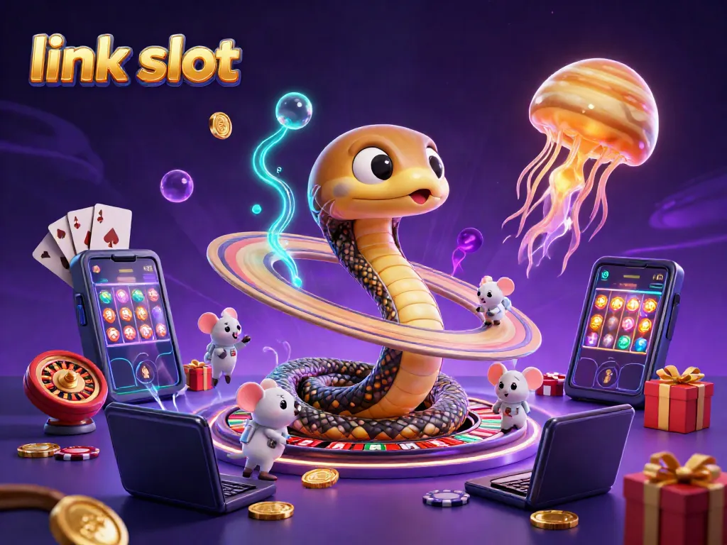 Experience the thrill of link slot gaming with a dynamic 3D scene featuring vibrant characters and casino elements.