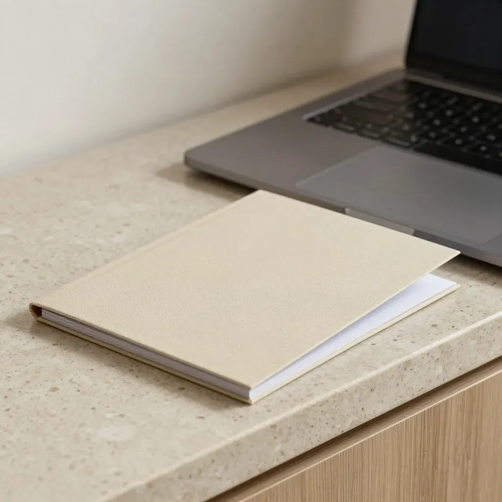 Sandfarbene Angebotskarte, geschlossenes Laptop und Portfolio-Heft im ruhigen, modernen Workspace