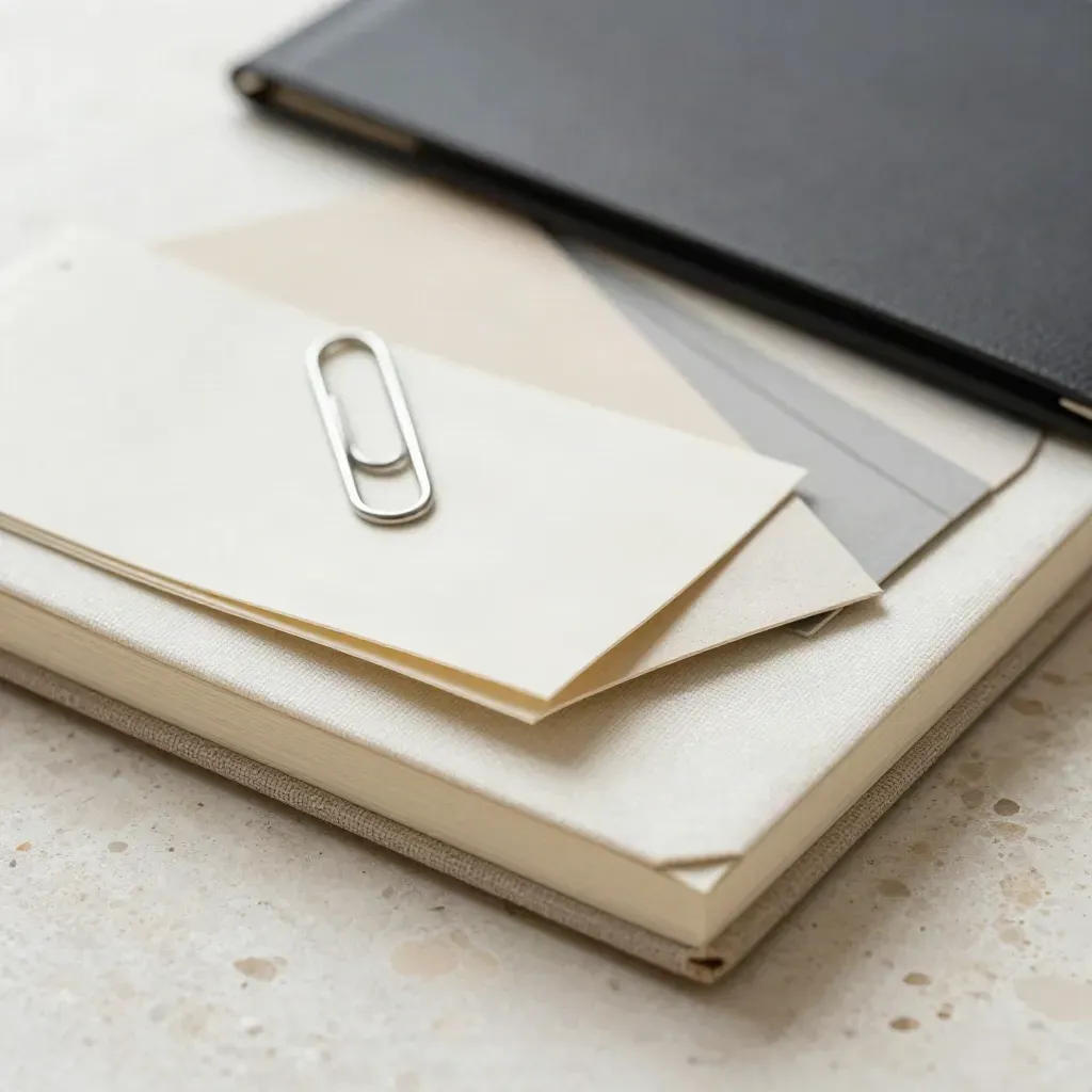 Makro von Notizbuch, Swatch-Fächer, Papierclip und Proof-Folder auf Travertin.