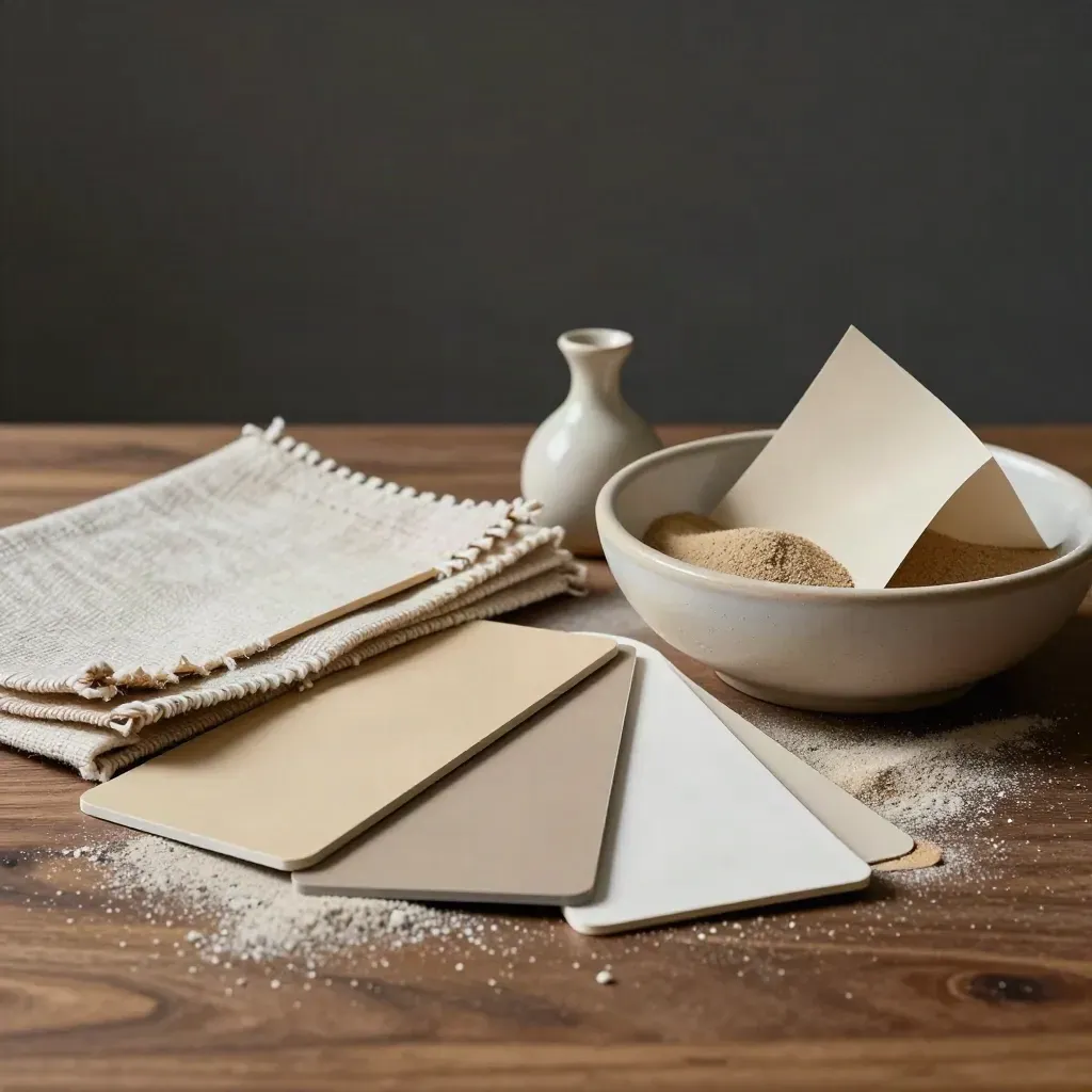 Nahaufnahme eines Design-Toolkits mit Musterchips, Stoffproben und Keramikschale in Sandtönen