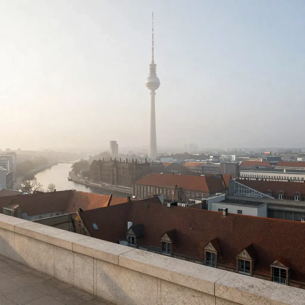 Berlin im Sonnenaufgang mit Fernsehturm, Dachlinien und Nebel über dem Fluss